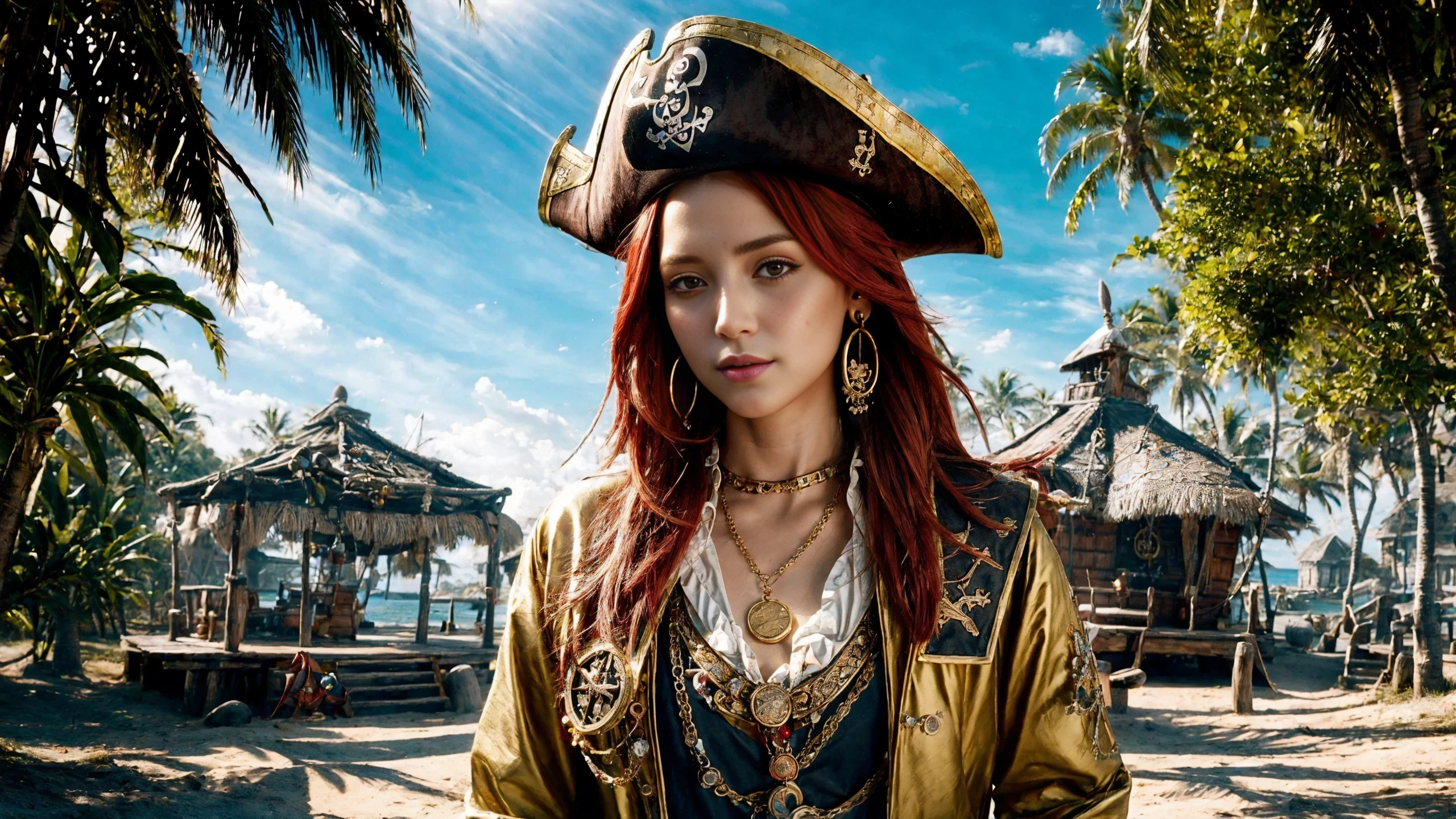 (young redhead pirate woman), (portrait), sharp focus, (ultradetailed), (standing), (happy) smile, pirate (ship galleon:1.2, hoop earrings, gold medallion, Pastel Redpirate clothes, pirate hat, hips, (pirate parrot:1.2), pirate (village), leafy beach coast, (treasure chest with coins, gems and jewels:1.2), rum barrel, best quality masterpiece, bright sunny sky, backlight, natural lights, high contrast, hdr, shadows, pretty, beautiful, feminine, sexy, adorable, lovely, in love, (PirateDiffusionprt:0.5), <lora:Pirate:0.3> PrateT <lora:PirateRealms:0.3> <lora:Detail Tweaker LoRA add_detail:0.8> <lora:depth_of_field_slider_v1:5> <lora:SDXLrender_v2.0:0.9>