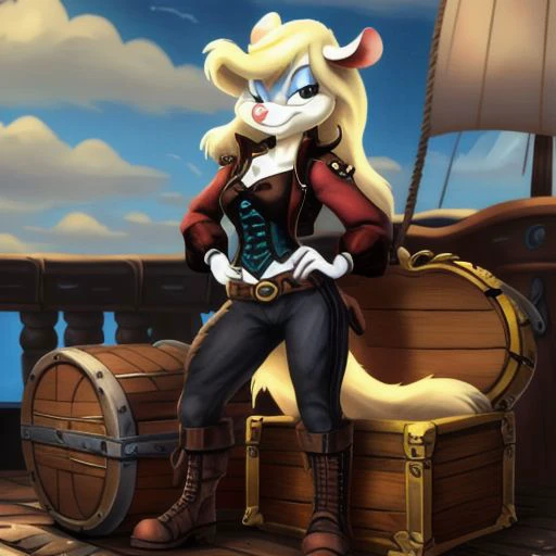 Minerva Mink (Animaniacs), 1girl, <lora:Pirate-14:0.8>, PrateT, hand on hip, pants, jacket, cross-laced footwear, corset, treasure chest, watercraft, ship, best quality, masterpiece, highres