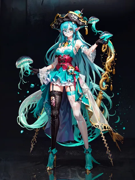 ((best quality)), ((highly detailed)), masterpiece, absurdres, detailed face, beautiful face, (detailed eyes, deep eyes), (1girl), (glasses), dynamic pose, full body, <lora:Pirate:.9>, PrateT, pirate hat, collared shirt, frills, sleeveless, coaton shoulders, bustier, belt, skirt, <lora:EraseGroinSkirt:1>, thighhighs, gloves, thigh boots, cross-laced footwear, high heel boots, watercraft, ship, (((jellyfish girl))), jellyfish tentacles, (((monster girl))), ((teal skin:1.3)), (((tentacle hair))), (colorful hair), (internal glow), bioluminescent, (((transparent skin:1.5))), ((transparent hair)), ((tentacle legs)), ((very long skirt)), medium breasts, underwater, (in a graveyard, dawn)