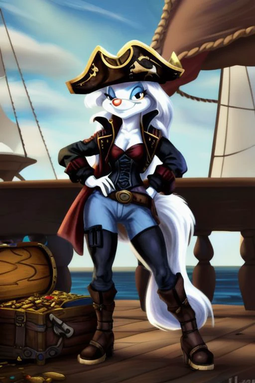 Minerva Mink (Animaniacs), 1girl, <lora:Pirate-14:0.8>, PrateT, hand on hip, pants, jacket, cross-laced footwear, corset, treasure chest, watercraft, ship, best quality, masterpiece, highres