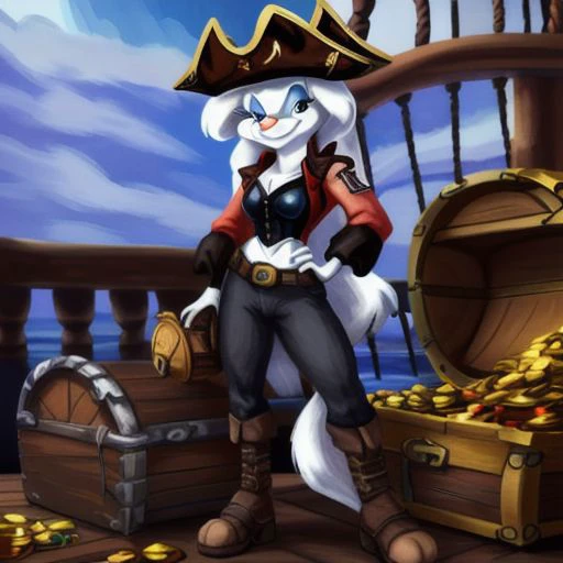 Minerva Mink (Animaniacs), 1girl, <lora:Pirate-14:0.8>, PrateT, hand on hip, pants, jacket, cross-laced footwear, corset, treasure chest, watercraft, ship, best quality, masterpiece, highres