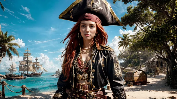 (young redhead pirate woman), (portrait), sharp focus, (ultradetailed), (standing), (happy) smile, pirate (ship galleon:1.2,  hoop earrings, gold medallion, Carolina Bluepirate clothes, pirate hat, hips, (pirate parrot:1.2),  pirate (village), leafy beach coast, (treasure chest with coins, gems and jewels:1.2), rum barrel, best quality masterpiece,  bright sunny sky, backlight, natural lights, high contrast, hdr, shadows, pretty, beautiful, feminine, sexy, adorable, lovely, in love, (PirateDiffusionprt:0.5),  <lora:Pirate:0.3>  PrateT  <lora:PirateRealms:0.3> <lora:Detail Tweaker LoRA add_detail:0.8> <lora:depth_of_field_slider_v1:5> <lora:SDXLrender_v2.0:0.9>