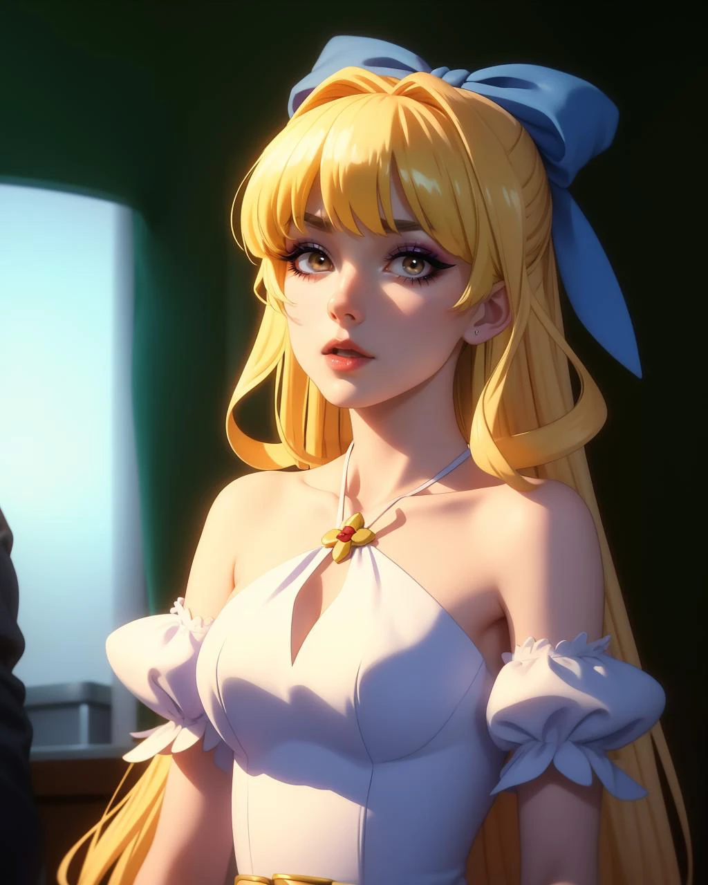 cinematic film still 1girl, solo, adult mature woman, age 30, high quality, best quality, highres, high detail, blurry foreground,shadows above,Photogenic, <lora:Char_ch-Ristarte:0.85>,long hair, standing,blonde hair, purple eyes, hair bow, blue bow, rista_ristarte,dress . shallow depth of field, vignette, highly detailed, high budget, bokeh, cinemascope, moody, epic, gorgeous, film grain, grainy