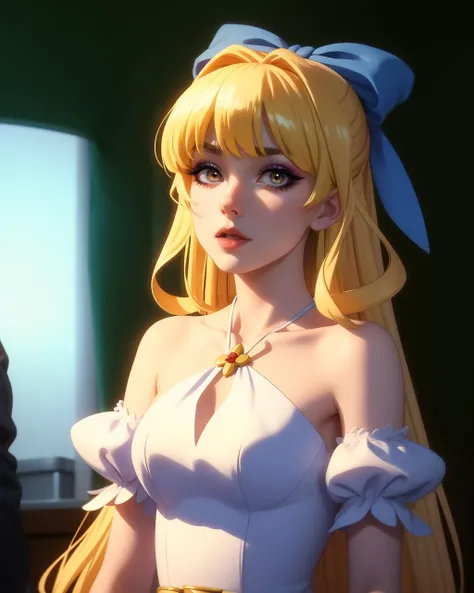 cinematic film still 1girl, solo, adult mature woman, age 30, high quality, best quality, highres, high detail, blurry foreground,shadows above,Photogenic, <lora:Char_ch-Ristarte:0.85>,long hair, standing,blonde hair, purple eyes, hair bow, blue bow, rista_ristarte,dress . shallow depth of field, vignette, highly detailed, high budget, bokeh, cinemascope, moody, epic, gorgeous, film grain, grainy