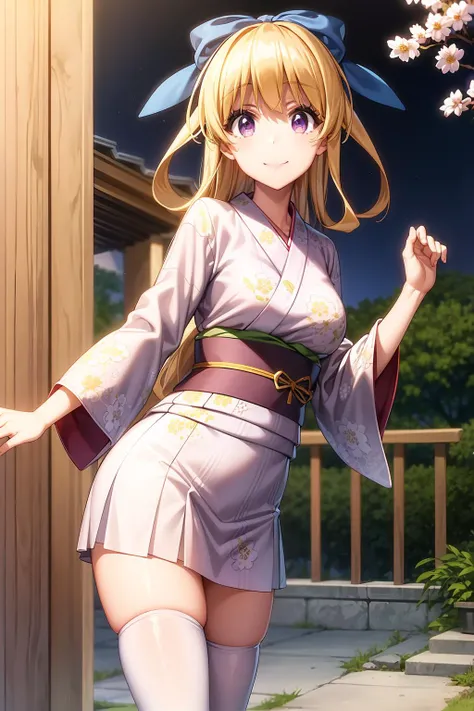 masterpiece, best quality, 1girl, solo, long hair, looking at viewer, cowboy shot, closed mouth, smile, blonde hair, purple eyes, hair bow, night, blue bow, rista_ristarte, cherry blossom print, floral print, hakama, japanese clothes, kimono, kimono skirt, obi, pink kimono, pleated skirt, print kimono, red kimono, sandals, skirt, socks, solo, tabi, white legwear, wide sleeves, yukata, zouri