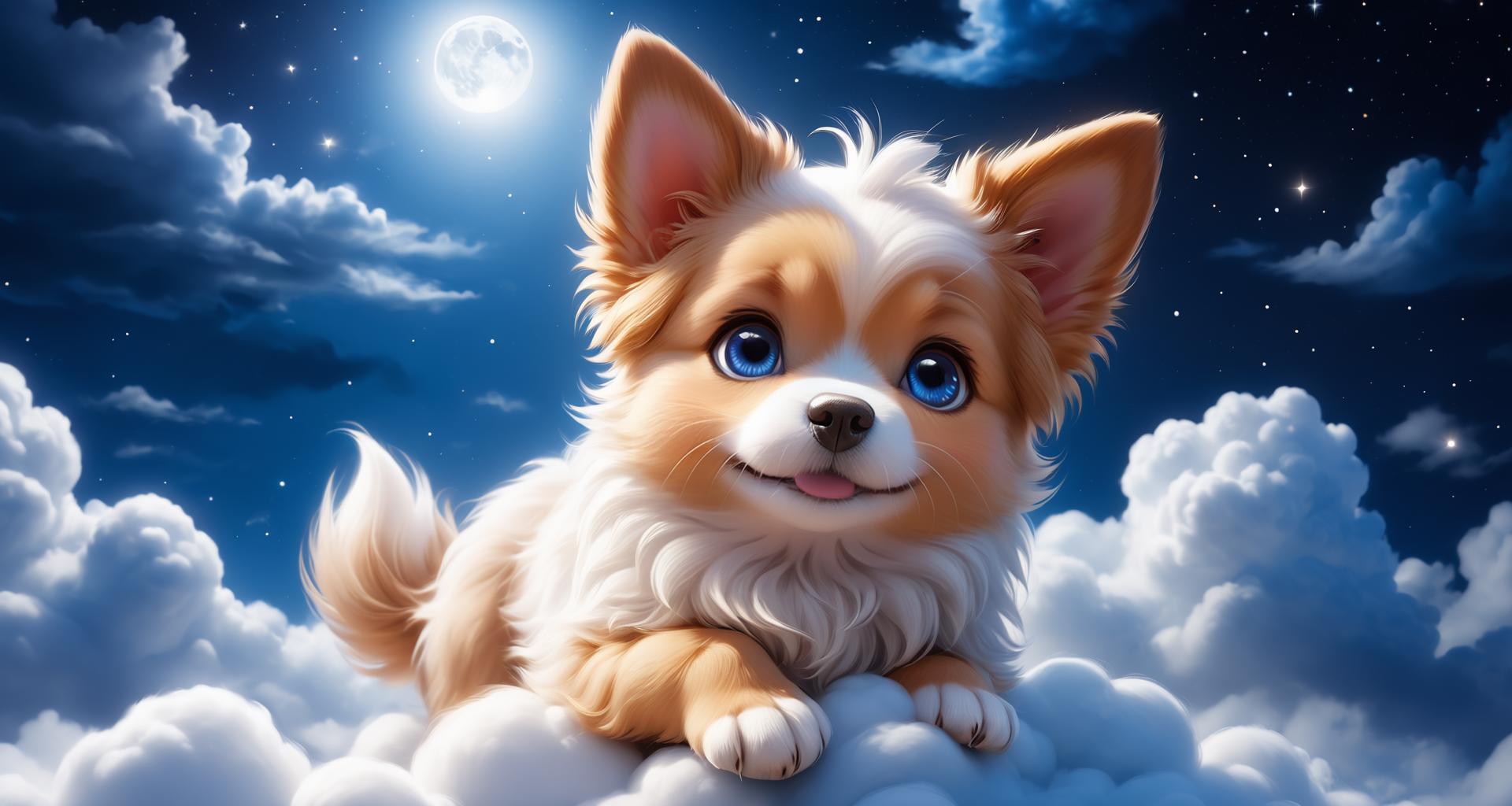A close up of a dog sitting on a cloud in the sky - SeaArt AI