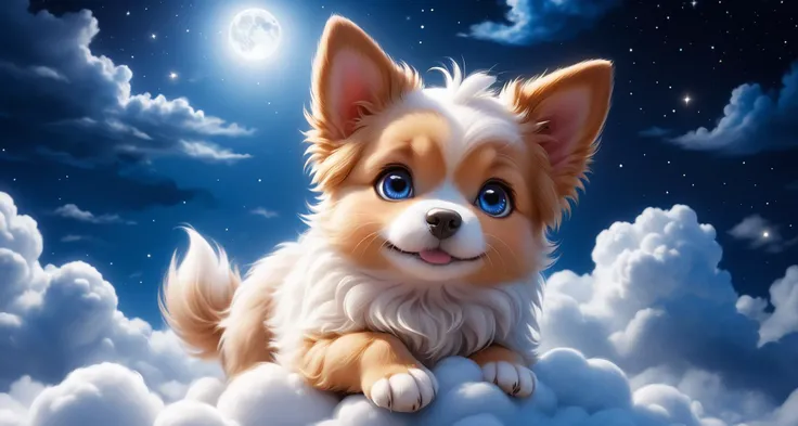 ((perfect face)), ((best quality)),UHD, 4k, Wallpaper, high quality photography, portrait of cute dog on cloud ADDCOMM
night sky, blue sky ADDROW
cute dog <lora:TUSUN:0.7> tusun, tusuncub ADDROW
Soft clouds, (white cloud:1.6)