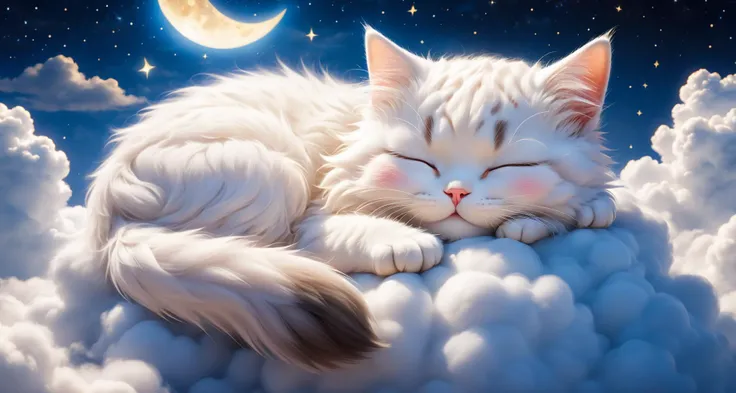 ((perfect face)), ((best quality)),UHD, 4k, Wallpaper, high quality photography, portrait of cute cat sleeping on cloud ADDCOMM
night sky, blue sky ADDROW
sleeping cat <lora:TUSUN:0.7> tusun, tusuncub ADDROW
Soft clouds, (white cloud:1.6)