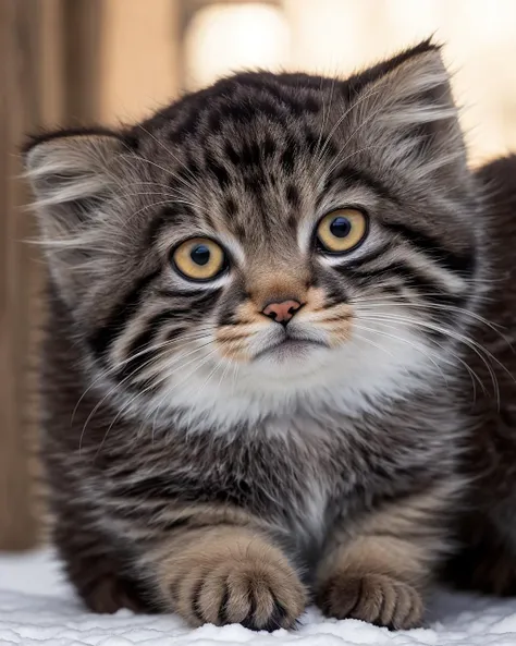 character design, realistic photo, photograph, cute tusuncub, tusun kitten, (realistic eye details), fluffy fur, (pallas's cat:0.5), cinematic lighting, (4k, hyper detailed), Global Illumination, (film grain:0.9), cute, best quality, DSLR, 24 Megapixels, Full Frame, , intense angle, masterpiece, portrait wallpaper, youhao, quanshenzhao, <lora:TUSUN:0.6>
