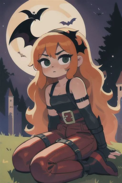 (best quality, masterpiece:1.1), full body, sideview, (facing up:1.2), looking up, (1female), benevolent face, orange hair, very long hair, wavy hair, rogue, corset shirt, (red leather pants:1.1), (straps buckles:1.2), armor, ( Dreamlike Nightscape, Gothic Castle Under Full Moon, Dark Bara Tree, Bats Flying Above, Sitting On The Top Castle Wall, (fantasy, medieval, ancient)),