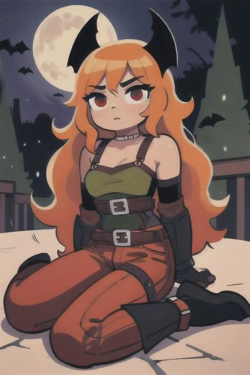 (best quality, masterpiece:1.1), full body, sideview, (facing up:1.2), looking up, (1female), benevolent face, orange hair, very long hair, wavy hair, rogue, corset shirt, (red leather pants:1.1), (straps buckles:1.2), armor, ( Dreamlike Nightscape, Gothic Castle Under Full Moon, Dark Bara Tree, Bats Flying Above, Sitting On The Top Castle Wall, (fantasy, medieval, ancient)),