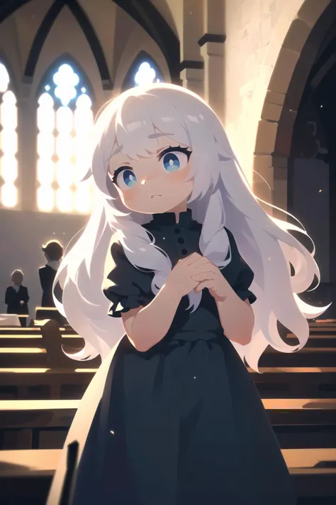 (best quality, masterpiece:1.1), <lora:Better light:0.5>, cowboy shot, dynamic angle, (facing up:1.2), (1female), emotionless face, white hair, absurdly long hair, wavy hair, undercut, sky blue dress, ( holiness, church, stained , sunshine),