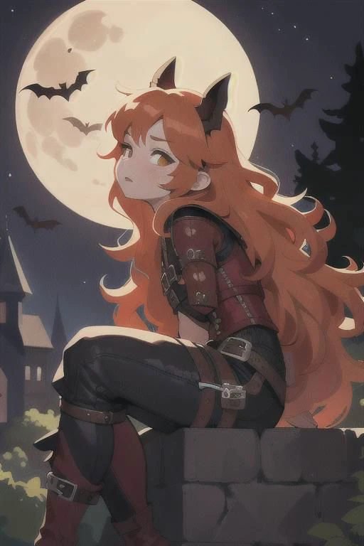 (best quality, masterpiece:1.1), full body, sideview, (facing up:1.2), looking up, (1female), benevolent face, orange hair, very long hair, wavy hair, rogue, corset shirt, (red leather pants:1.1), (straps buckles:1.2), armor, ( Dreamlike Nightscape, Gothic Castle Under Full Moon, Dark Bara Tree, Bats Flying Above, Sitting On The Top Castle Wall, (fantasy, medieval, ancient)),