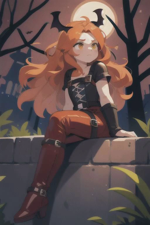 (best quality, masterpiece:1.1), full body, sideview, (facing up:1.2), looking up, (1female), benevolent face, orange hair, very long hair, wavy hair, rogue, corset shirt, (red leather pants:1.1), (straps buckles:1.2), armor, ( Dreamlike Nightscape, Gothic Castle Under Full Moon, Dark Bara Tree, Bats Flying Above, Sitting On The Top Castle Wall, (fantasy, medieval, ancient)),