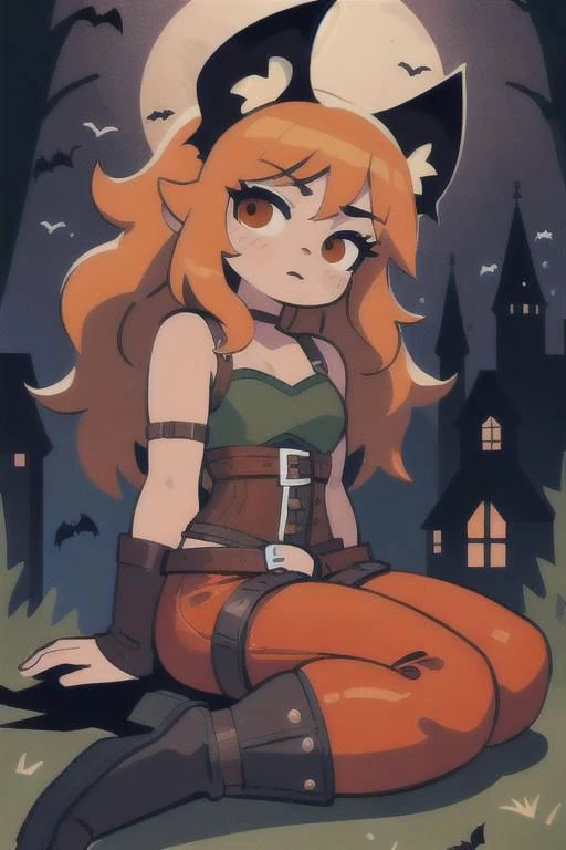 (best quality, masterpiece:1.1), full body, sideview, (facing up:1.2), looking up, (1female), benevolent face, orange hair, very long hair, wavy hair, rogue, corset shirt, (red leather pants:1.1), (straps buckles:1.2), armor, ( Dreamlike Nightscape, Gothic Castle Under Full Moon, Dark Bara Tree, Bats Flying Above, Sitting On The Top Castle Wall, (fantasy, medieval, ancient)),