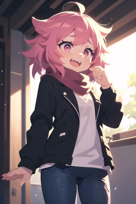 (best quality, masterpiece:1.1), <lora:Better light:0.5>, cowboy shot, dynamic angle, (1female), ecstasy face, hot pink hair, medium hair, messy hair, jacket, scarf, black jeans,