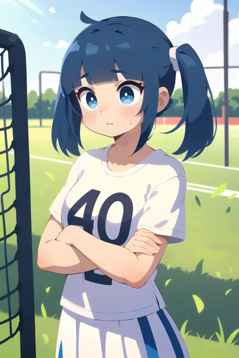 (best quality, masterpiece:1.1), upper body, (1female), confused face, blue hair, medium hair, blunt bangs, uneven twintails, casual fashion, (young fashion), (t-shirts), (long white skirt), ( grass, Goal post, soccer, daylight, outdoor soccer field, a large soccer field),