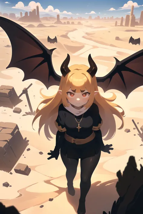 (best quality, masterpiece:1.1), cowboy shot, from above, (1female), miserable face, golden hair, absurdly long hair, blunt bangs, succubus, pantyhose, (bat wings, black wings), curvy horns, ( ancient desert, (windy dust, debris storm:1.2), (landscape), (fantasy, medieval, ancient)),