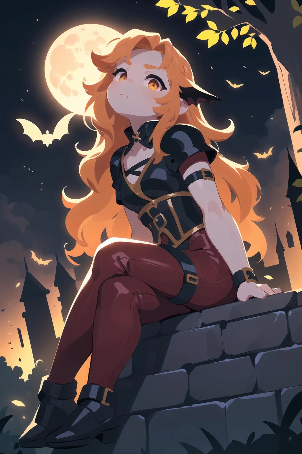 (best quality, masterpiece:1.1), full body, sideview, (facing up:1.2), looking up, (1female), benevolent face, orange hair, very long hair, wavy hair, rogue, corset shirt, (red leather pants:1.1), (straps buckles:1.2), armor, ( Dreamlike Nightscape, Gothic Castle Under Full Moon, Dark Bara Tree, Bats Flying Above, Sitting On The Top Castle Wall, (fantasy, medieval, ancient)),