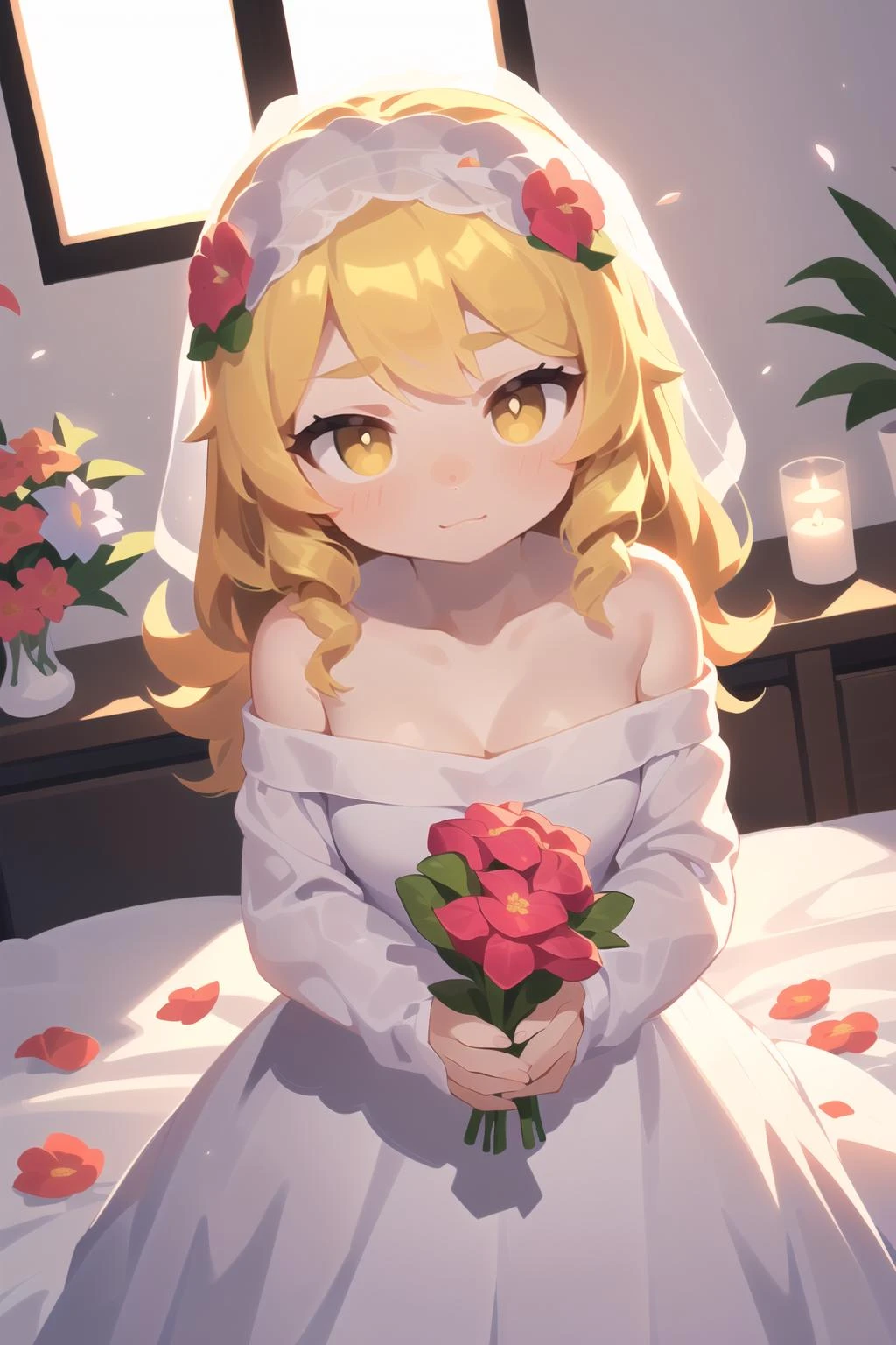 (best quality, masterpiece:1.1), close up, looking down, (1female), arrogant face, yellow hair, long hair, curly hair, brown colored hair ribbon, white wedding dress, off shoulder, long sleeves, ( (flowers are scattered on the bed:1.2), window),