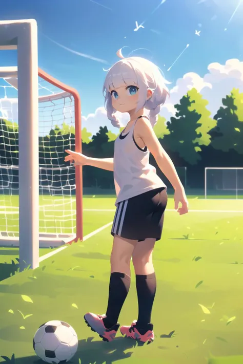 (best quality, masterpiece:1.1), <lora:Better light:0.5>, full body, sideview, looking at viewer, looking up, (1female), :3, white hair, medium hair, blunt bangs, quad braids, (oversized tank top), (muscular:0.6), socks, sneakers, leggings, (grass, Goal post, soccer, daylight, outdoor soccer field, a large soccer field),