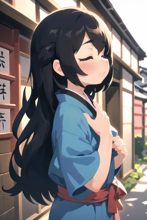 (best quality, masterpiece:1.1), close up, sideview, (1female), lonely face, black hair, absurdly long hair, hair over eyes, <lora:kimonoClothes_v10:0.85>, short yukata, (short sleeves:1.2), ( japanese streets, houses, traditional, (japan, japanese culture)),