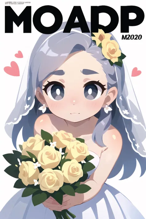 (best quality, masterpiece:1.1),   close up,    looking up, (1female), boring face, grey hair, long hair, spiked hair,     hair ornaments,   wedding dress, veil, earrings, heart earrings, holding bouquet, white flower, white rose, ( (magazine, magazine cover background, simple background:1.1)),