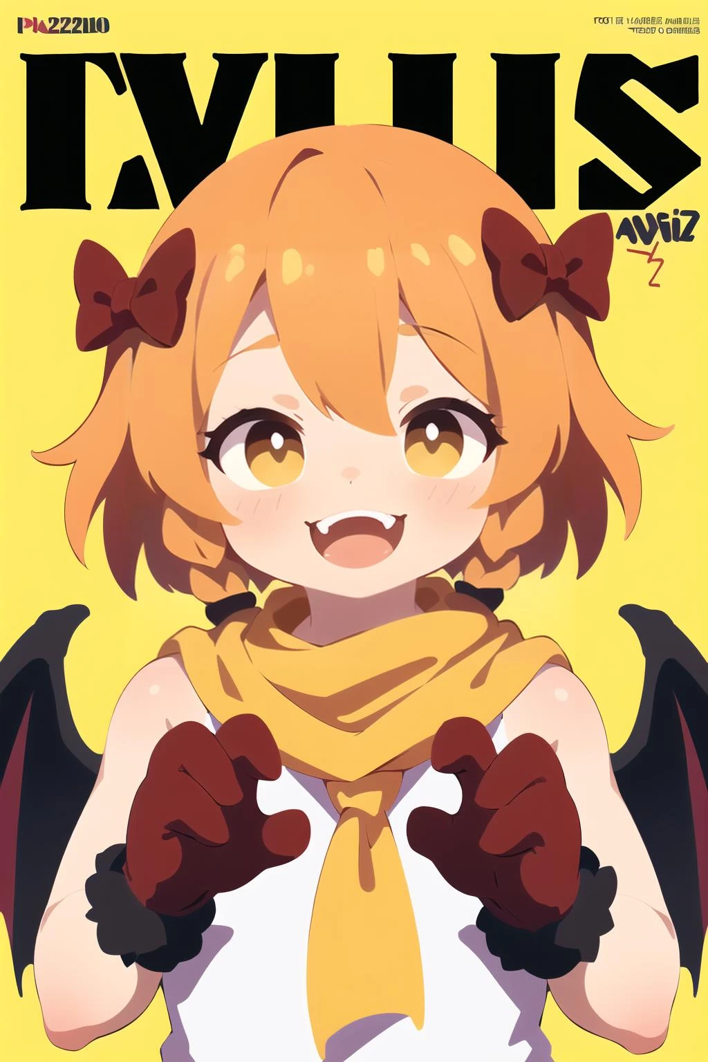 (best quality, masterpiece:1.1), upper body, (1female), smiling face, orange hair, very short hair, hair between eyes, twin braids, (fangs), (vampire), bet wings, hair bow, hair tubes, red bow, red mittens, yellow ascot, yellow scarf, ( (magazine, magazine cover background, simple background:1.1)),