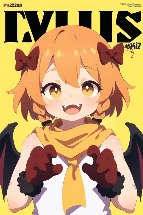 (best quality, masterpiece:1.1),   upper body,     (1female), smiling face, orange hair, very short hair, hair between eyes,   twin braids,   (fangs), (vampire), bet wings,   hair bow, hair tubes, red bow, red mittens, yellow ascot, yellow scarf, ( (magazine, magazine cover background, simple background:1.1)),