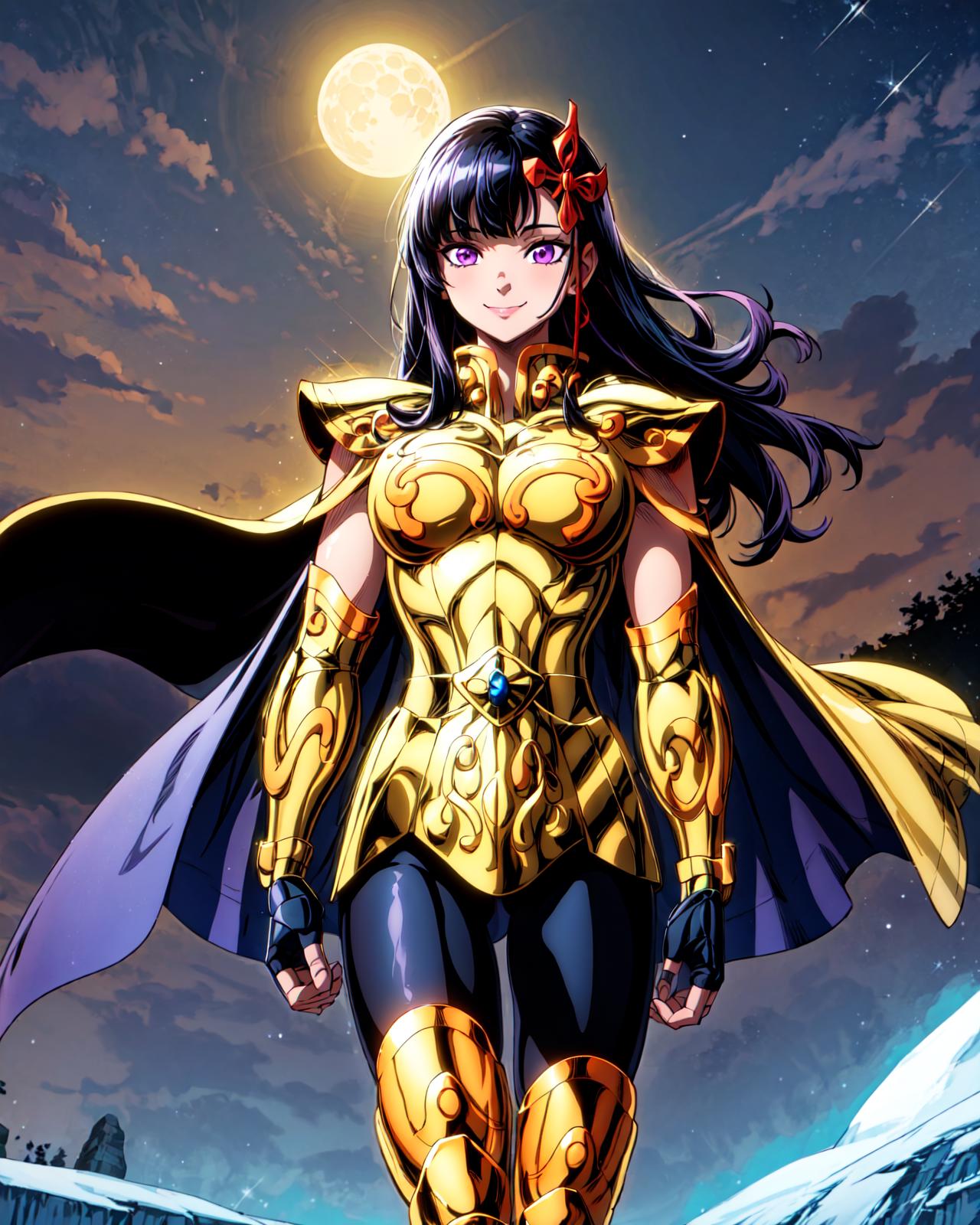 A woman in a gold outfit and cape standing in front of a full moon ...