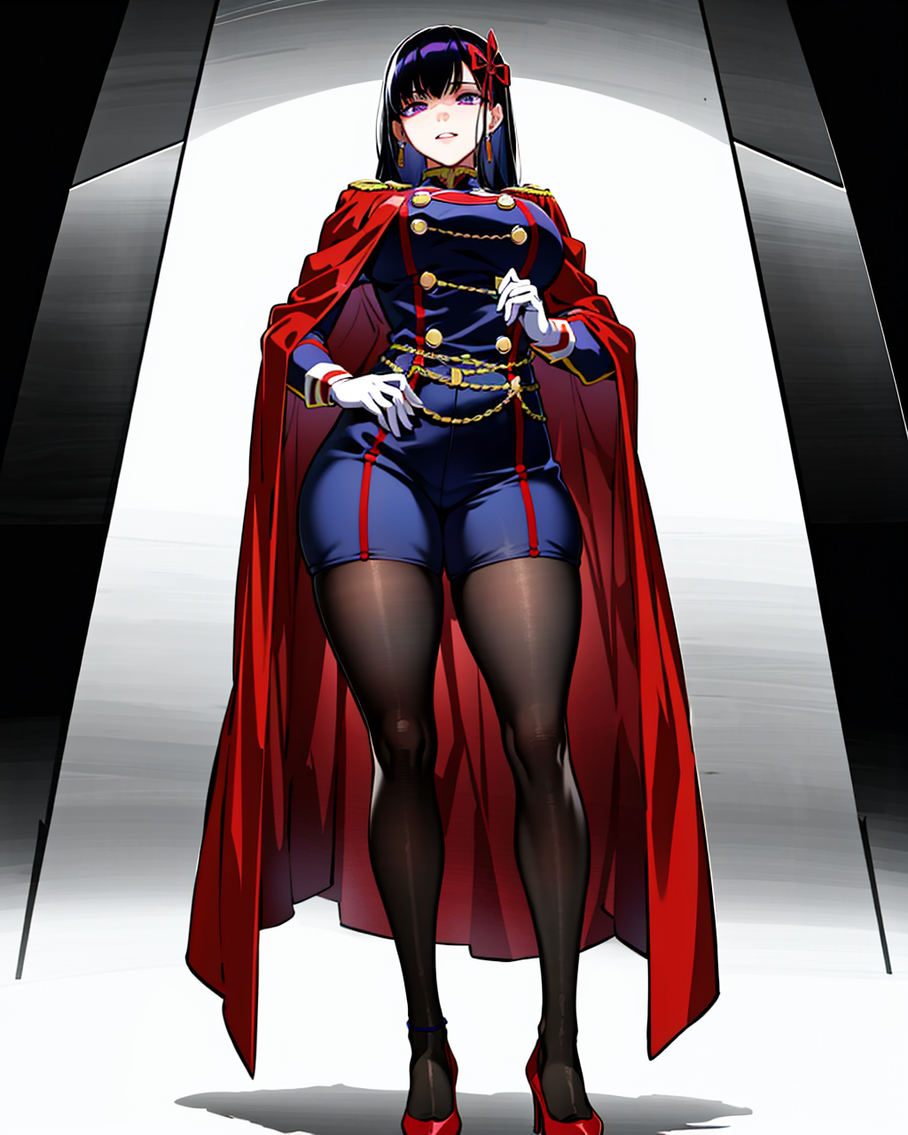 A woman in a red cape and blue dress standing in a room - SeaArt AI