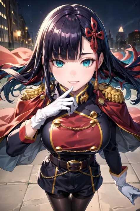 (day:1.2),(outdoors), (very detailed background), urban, cityscape, crowd,
standing,facing viewer, dynamic angle,
yamashiro768, black hair, long hair, hair ornament, purple eyes, bangs,
(((gloves, cape, red cape, white gloves, pantyhose, uniform, military uniform,belt, long sleeves)))
1girl, solo, (24 years old:1.5),Beautiful Finger,Beautiful long legs,Beautiful body,Beautiful Nose, perfect eyes, perfect face,(beautiful detailed aqua eyes),((mature female:1.1)),((milf:1.1)),make up,parted lips,(shiny skin:1.1),(perfect female body:1.2),(gorgeous detailed skin),(detailed hair),
looking at viewer, smile,
novel illustration,ray_tracing,intricate details,depth of field, extremely delicate and beautiful,
(Beautiful,large breasts:1.4), (beautiful_face:1.5),