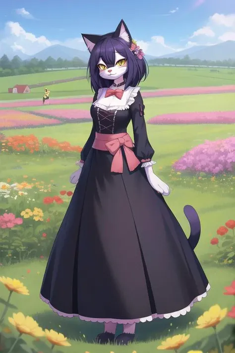 Furry, cat female furry, anthro, fursona, anthropomorphic, (standing in field of waist tall flowers) <lora:CheshireGirl_revampV3:.25>