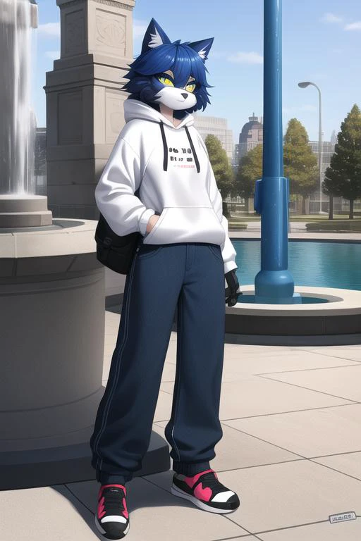 furry, anthro, robot cat female furry, fursona, anthropomorphic, fully clothed, sweatshirt, baggy blue pants, (background is modern fountain), 1girl, polygonal style