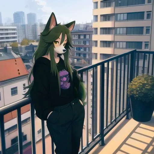 corgi female furry, anthropomorphic, fursona, furry, ((dark green fur)), fully clothed, casual, baggy clothes, (background is bright and colorful balcony), daytime, (standing on a balcony), (both hands on railing), (leaning against handrail) slim, skinny, (((long hair))), hands in pockets