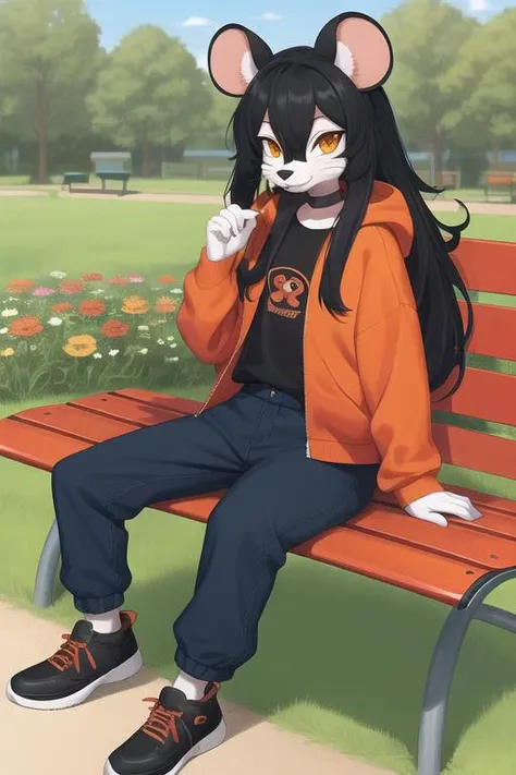 Furry, mouse female furry, anthro, fursona, anthropomorphic, flower field, fully clothed, baggy red-orange sweatshirt, baggy blue pants, black undershirt, (sitting on a park bench), long flowy hair