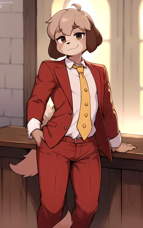 masterpiece, best quality, perfect face, perfect brown eyes with white sclera, <lora:ACDigby_v2:1>, 1boy, male, anthro, dog boy, girly, brown fur, brown hair, red jacket, suit, red pants, tie, shirt