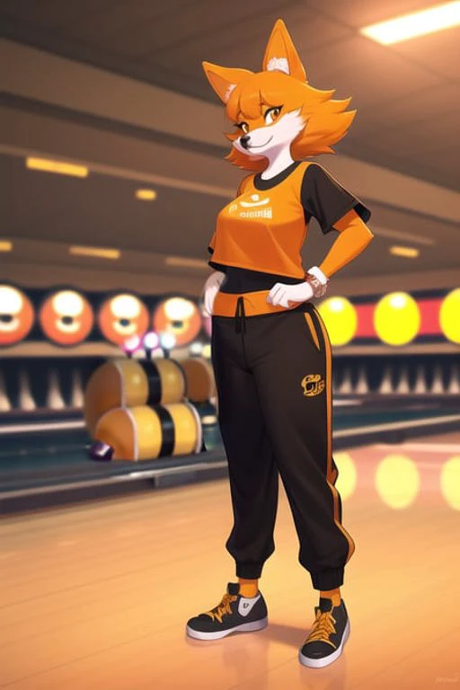 dog female furry, (orange-yellow fur)anthro, anthropomorphic, fursona, furry, fully clothed, (black sweatpants) (setting is retro bowling alley), (standing by the bar), long flowy hair, ((bangs)), hands on hips