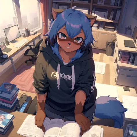 ram furry, fursona, anthro, anthropomorphic, (studying at a desk), hoodie, sweatpants, (setting is a colorful bedroom) <lora:michiruLora_v22N:.75>, upper left angle