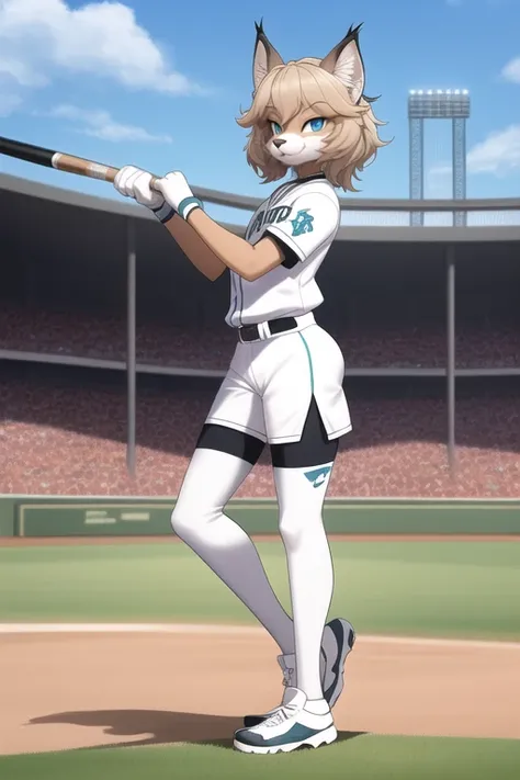 lynx female furry, anthropomorphic, fursona, (((furry))), (setting is baseball field), (background is the stands and crowd), all white uniform, blue eyes, (batting), (holding baseball bat)