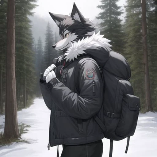 furry, fursona, anthro, wolf male, anthropomorphic, clothed, puffy jacket, backpack, (subject on the left), (background is forest hiking trail), (( far from camera))