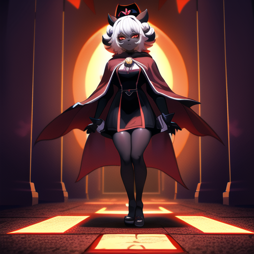 A woman in a red cape and black dress standing in a dark room - SeaArt AI