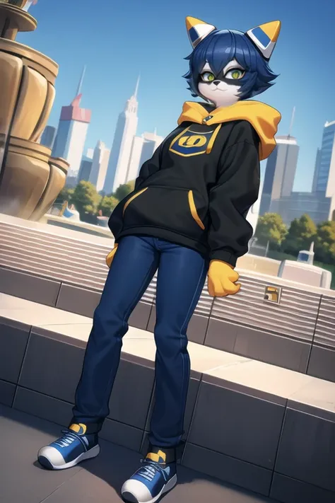 furry, anthro, robot cat female furry, fursona, anthropomorphic,  fully clothed, sweatshirt, baggy blue pants, (background is modern fountain), 1girl, polygonal style