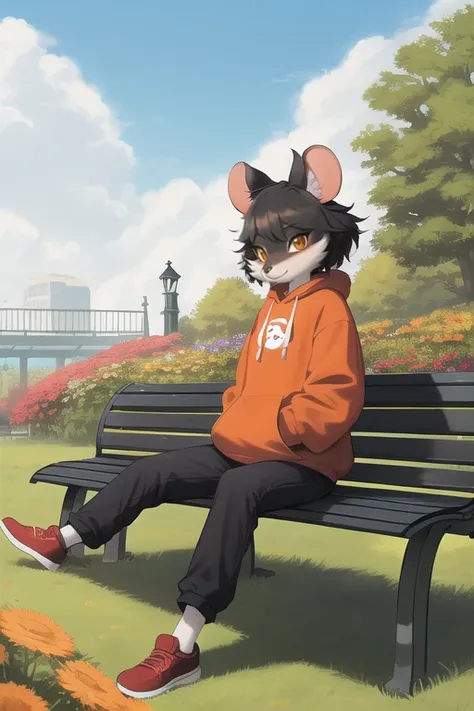 Furry, mouse female furry, anthro, fursona, anthropomorphic, flower field, fully clothed, baggy red-orange sweatshirt, baggy blue pants, black undershirt, (sitting on a park bench), long flowy hair