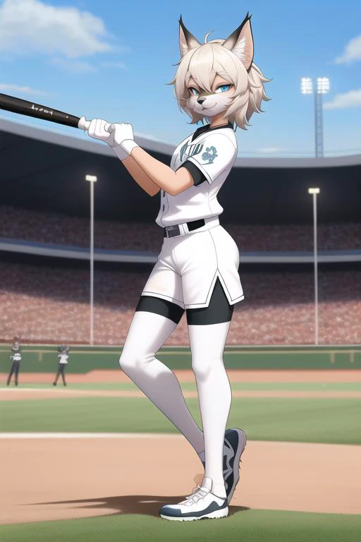 lynx female furry, anthropomorphic, fursona, (((furry))), (setting is baseball field), (background is the stands and crowd), all white uniform, blue eyes, (batting), (holding baseball bat)