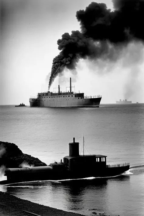 barnum, locomotive|submarine on water surface, 1890, (seaside, island in background:1.1), smoke, mist