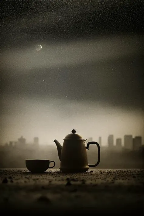 barnum-sepia city traffic, night, rimlight, dusty, product photo, rusty,
(smoky dim mist) , cracked and greasy, moonlight , sepia tones, tea cup, samovar