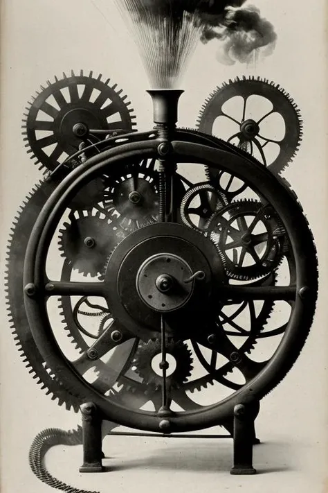 barnum, steam-powered (vintageclockwork:1.1) cogs and mechanism visible, 1890,, smoke, mist