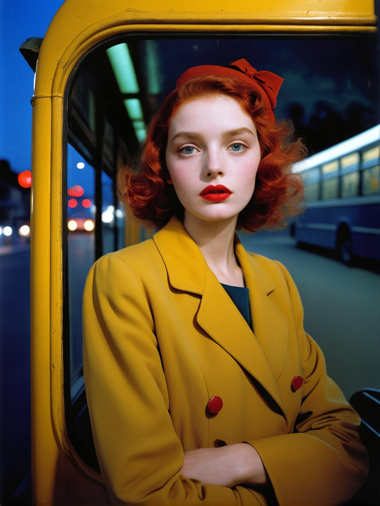 high quality, high contrast, (realistic:1.2), photorealistic, raw photo, uncensored, 14mm f1.8, BREAK
1girl, (barnum-melancholy:1.1), bus stop, midnight, portrait, face focus