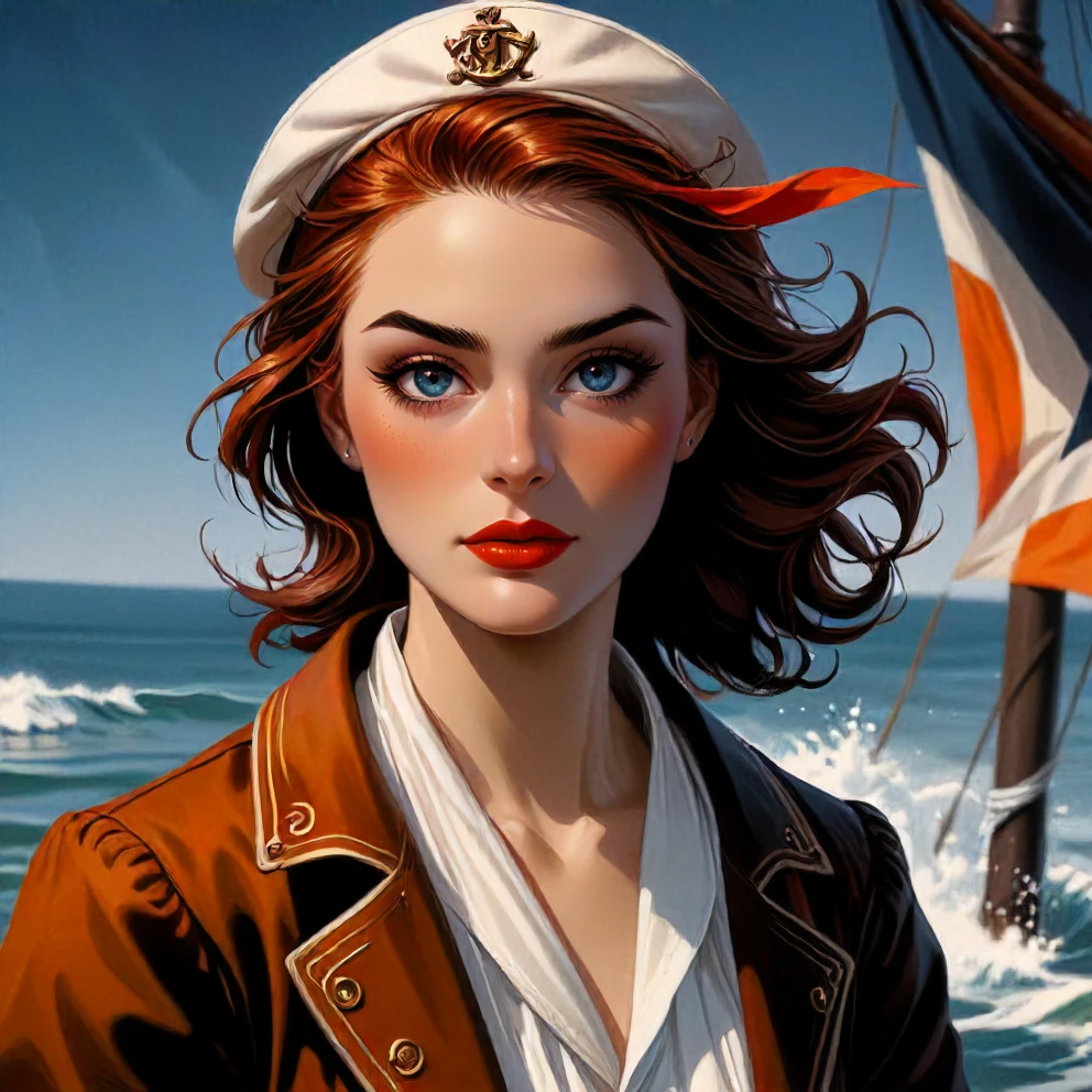 digital painting, dark-skinned female, fantasy, woolen-cap, portrait, canvas-pants, jerkin, doublet, 16th-century-sailor, medium shot, fixl-art , barnum-melancholy, <lora:npcportrait_v2:1> npcp